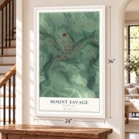 Mount Savage, Maryland map, 24 x 36 inch print in a white frame by a staircase