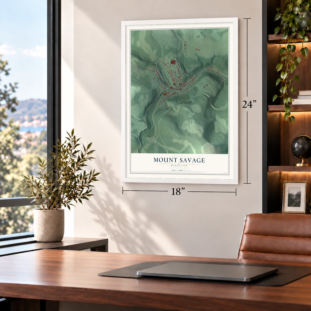 Mount Savage, Maryland map, 18 x 24 inch print in a white frame in a home office