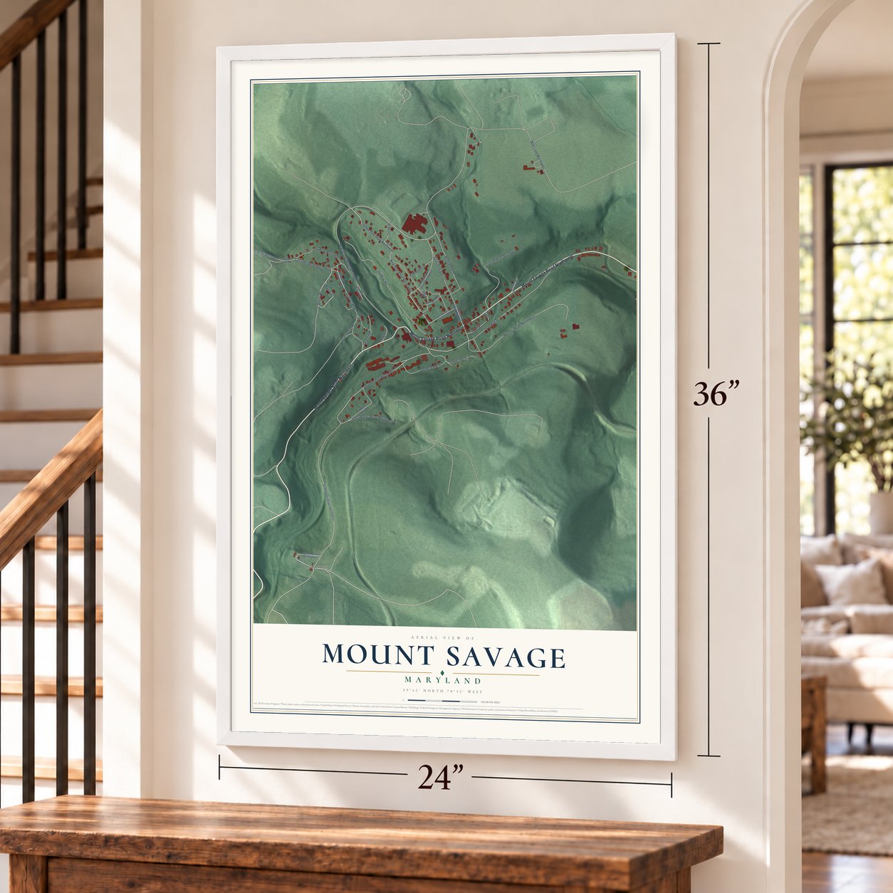 Mount Savage, Maryland map, 24 x 36 inch print in a white frame by a staircase