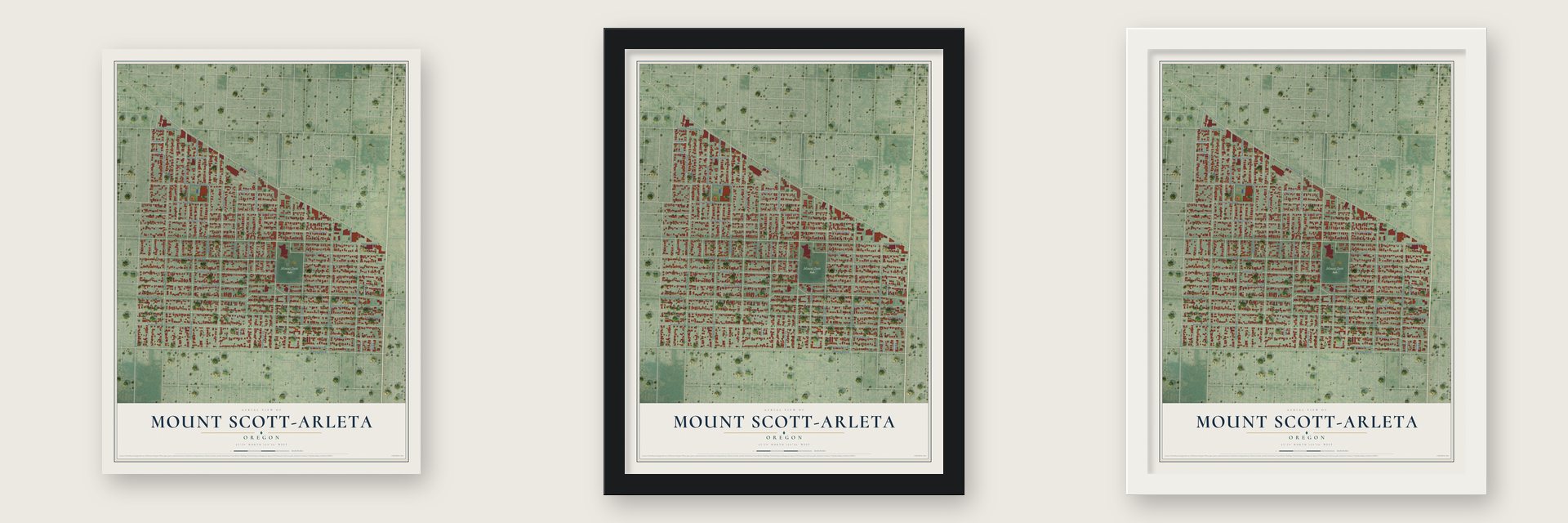 Mount Scott-Arleta, Oregon map unframed, in a black wood frame and in a white wood frame
