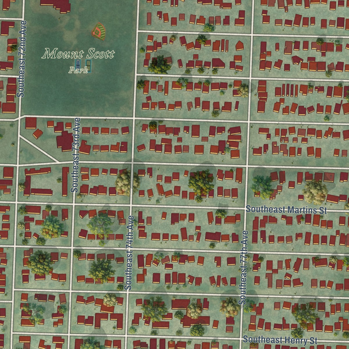Second close-up of the map of Mount Scott-Arleta, Oregon print showing more streets and buildings