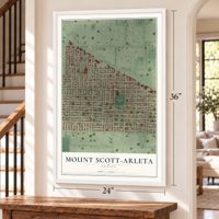 Mount Scott-Arleta, Oregon map, 24 x 36 inch print in a white frame by a staircase