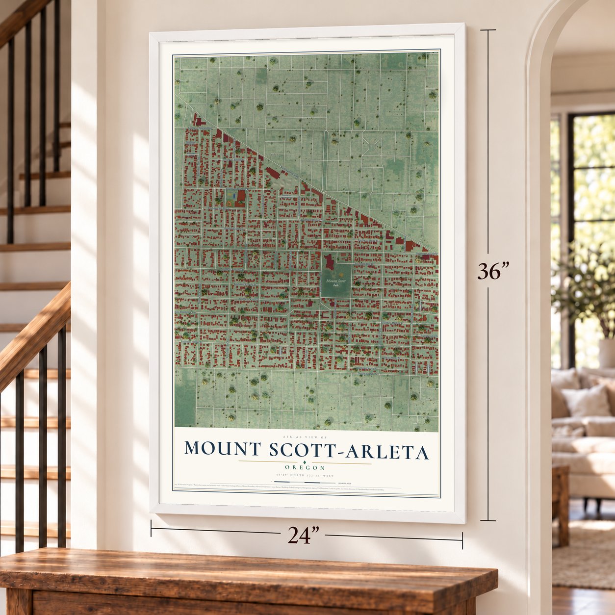 Mount Scott-Arleta, Oregon map, 24 x 36 inch print in a white frame by a staircase