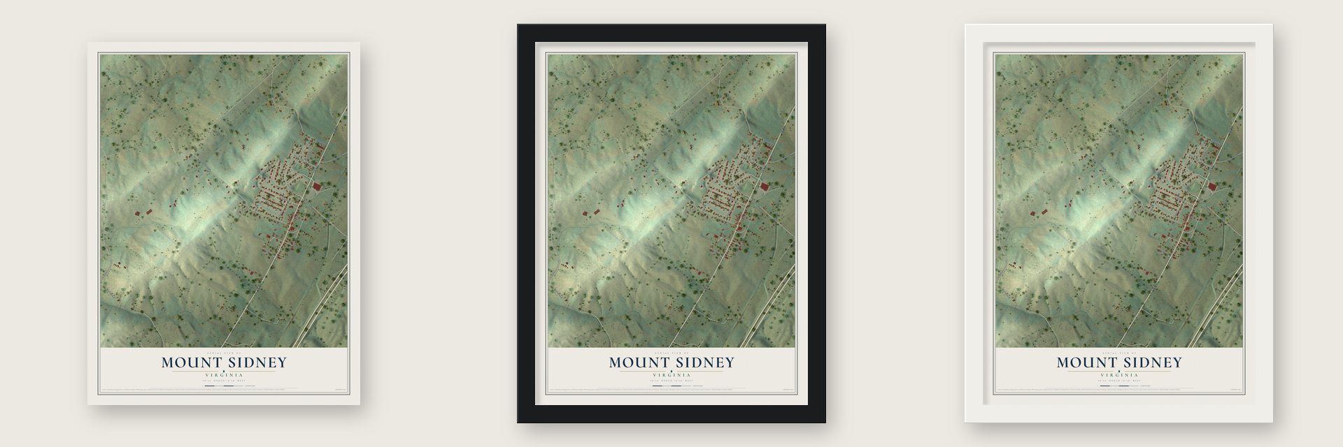 Mount Sidney, Virginia map unframed, in a black wood frame and in a white wood frame