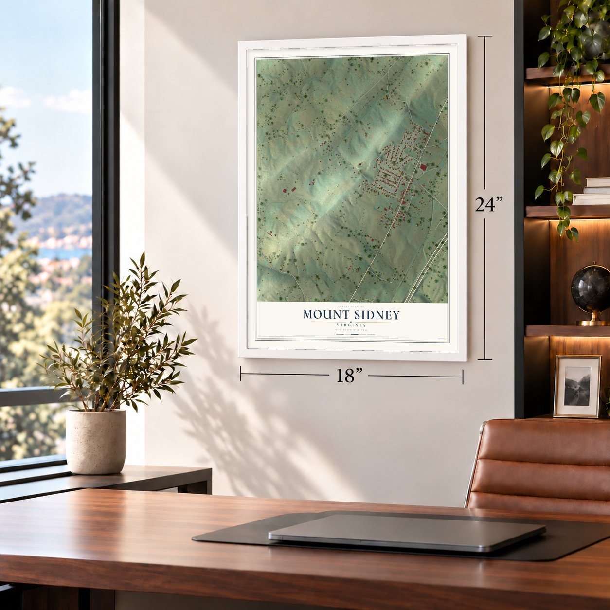 Mount Sidney, Virginia map, 18 x 24 inch print in a white frame in a home office