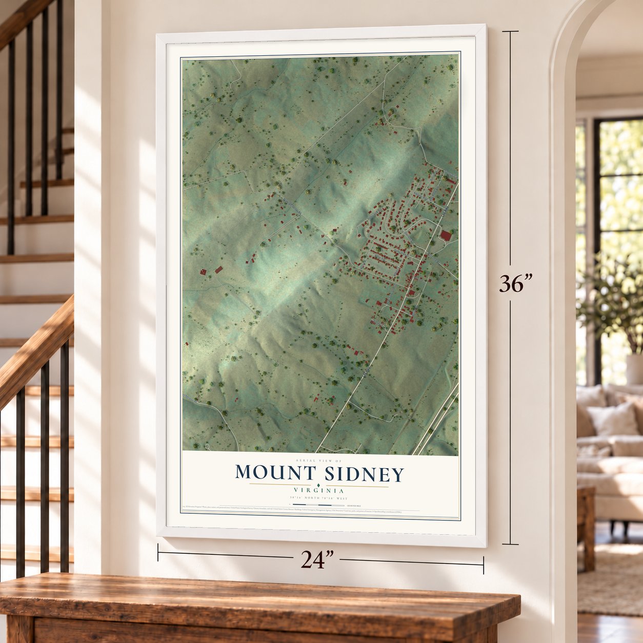 Mount Sidney, Virginia map, 24 x 36 inch print in a white frame by a staircase