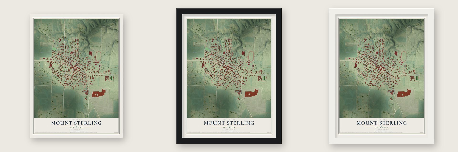 Mount Sterling, Illinois map unframed, in a black wood frame and in a white wood frame