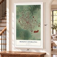 Mount Sterling, Illinois map, 24 x 36 inch print in a white frame by a staircase