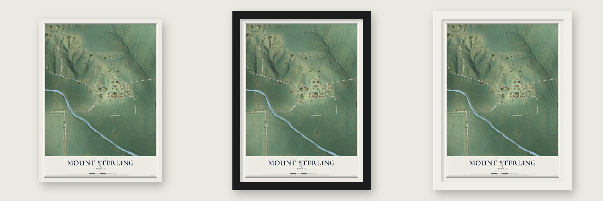 Mount Sterling, Iowa map unframed, in a black wood frame and in a white wood frame