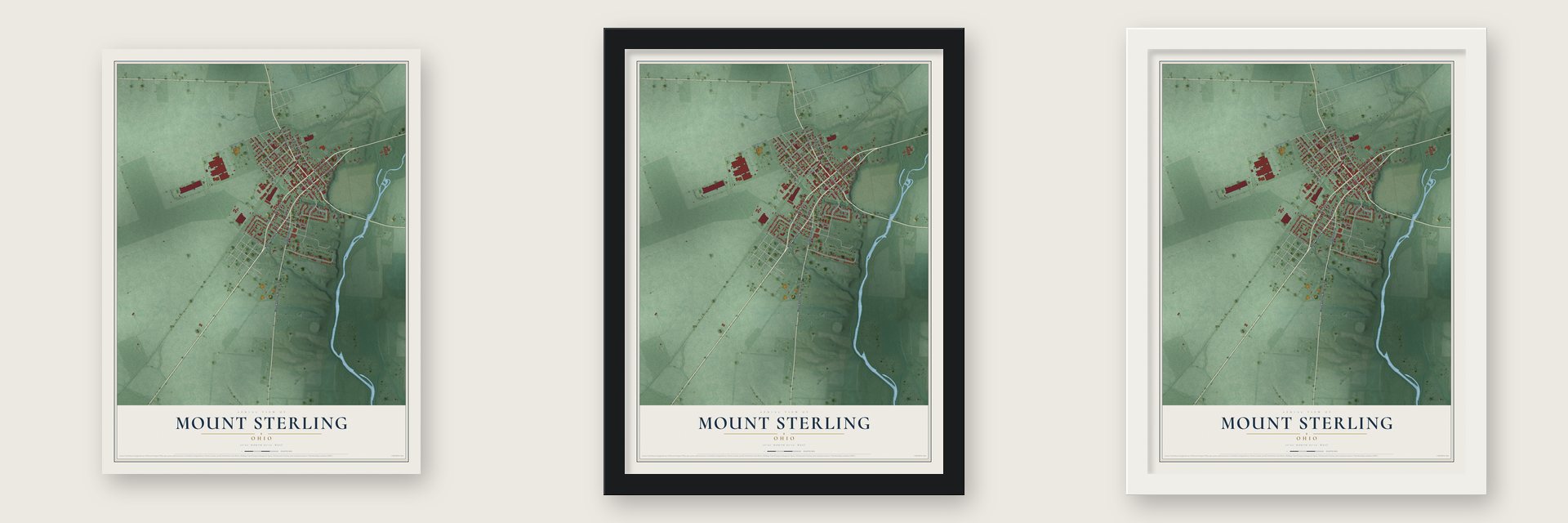 Mount Sterling, Ohio map unframed, in a black wood frame and in a white wood frame