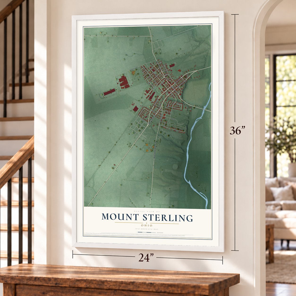 Mount Sterling, Ohio map, 24 x 36 inch print in a white frame by a staircase