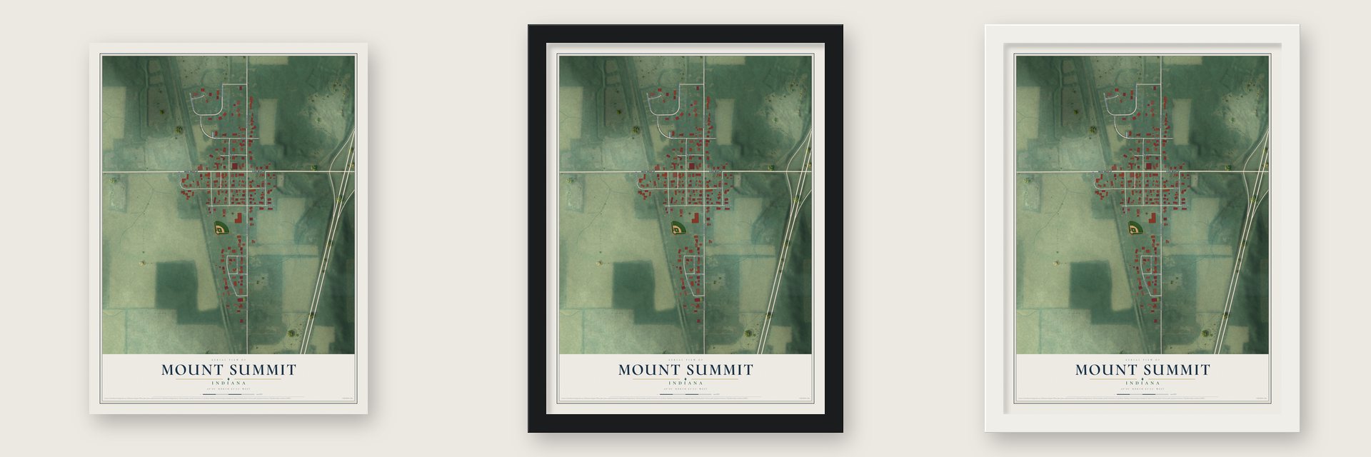 Mount Summit, Indiana map unframed, in a black wood frame and in a white wood frame