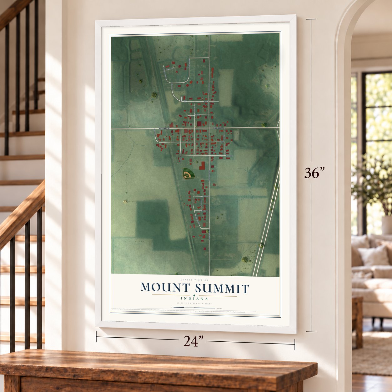 Mount Summit, Indiana map, 24 x 36 inch print in a white frame by a staircase