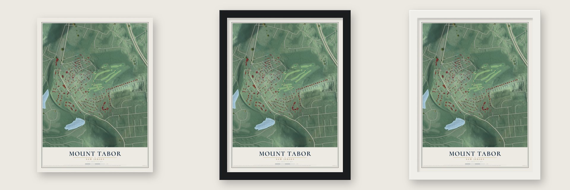Mount Tabor, New Jersey map unframed, in a black wood frame and in a white wood frame