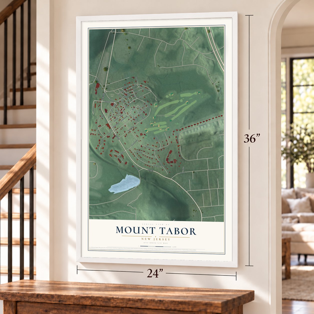 Mount Tabor, New Jersey map, 24 x 36 inch print in a white frame by a staircase