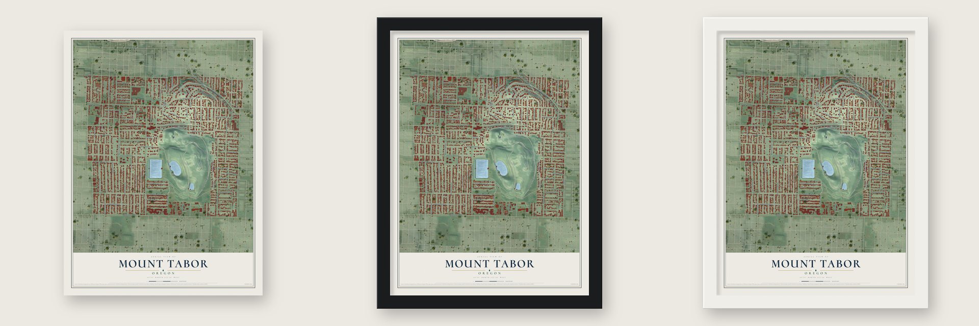 Mount Tabor, Oregon map unframed, in a black wood frame and in a white wood frame