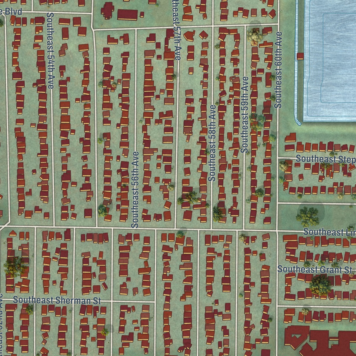 Second close-up of the map of Mount Tabor, Oregon print showing more streets and buildings