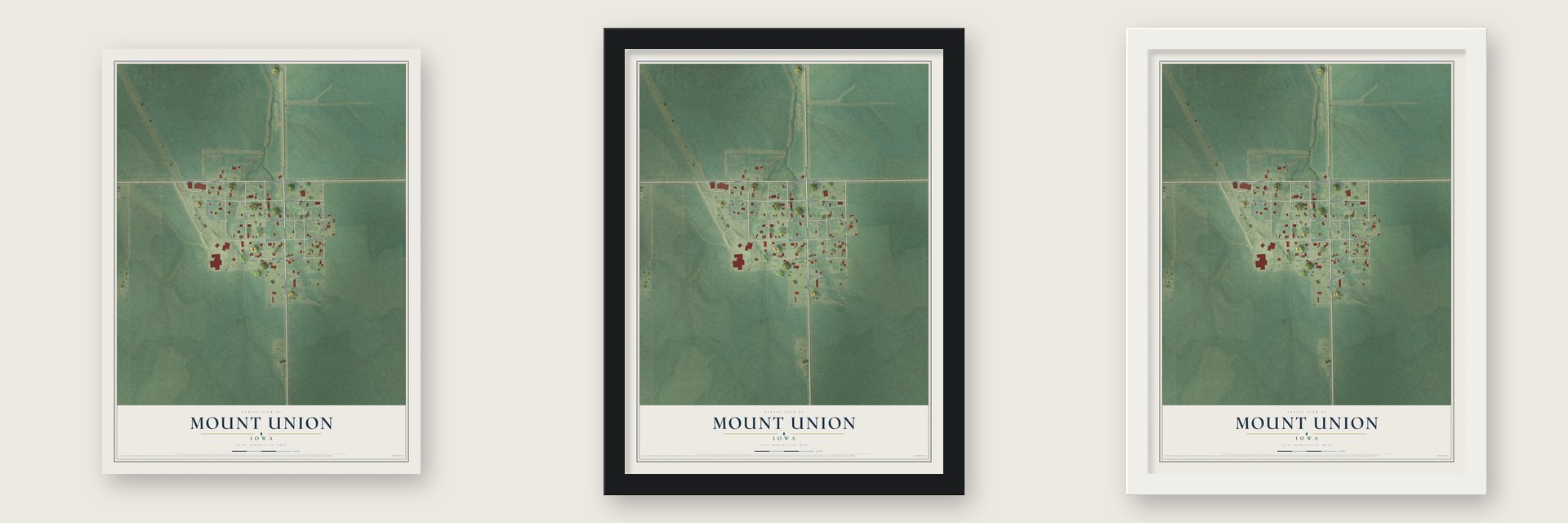 Mount Union, Iowa map unframed, in a black wood frame and in a white wood frame