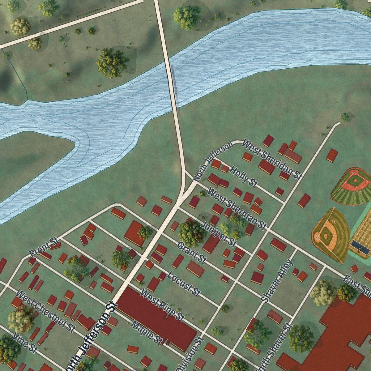 Second close-up of the map of Mount Union, Pennsylvania print showing more streets and buildings