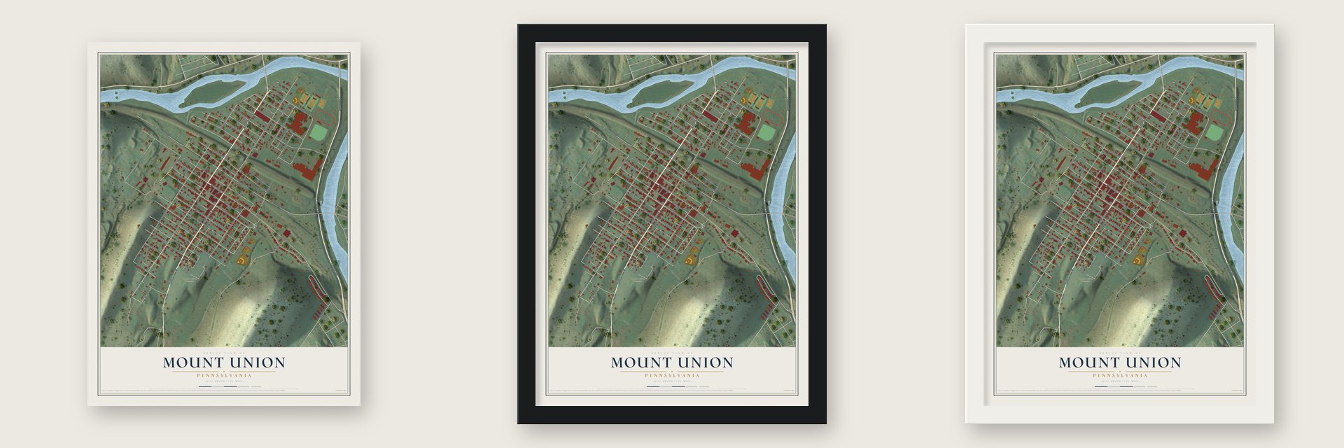 Mount Union, Pennsylvania map unframed, in a black wood frame and in a white wood frame