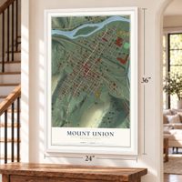 Mount Union, Pennsylvania map, 24 x 36 inch print in a white frame by a staircase