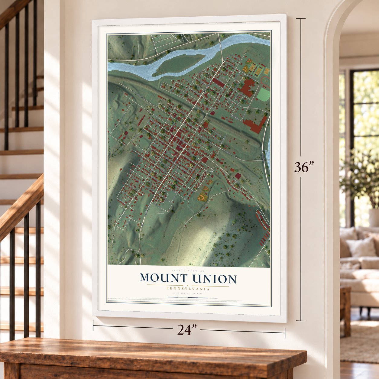 Mount Union, Pennsylvania map, 24 x 36 inch print in a white frame by a staircase