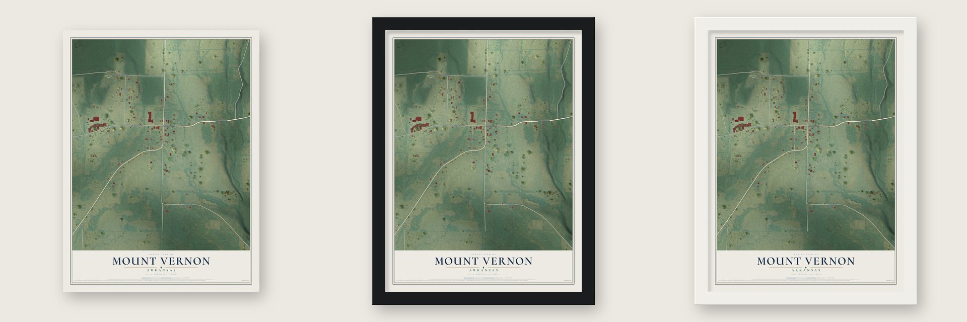 Mount Vernon, Arkansas map unframed, in a black wood frame and in a white wood frame