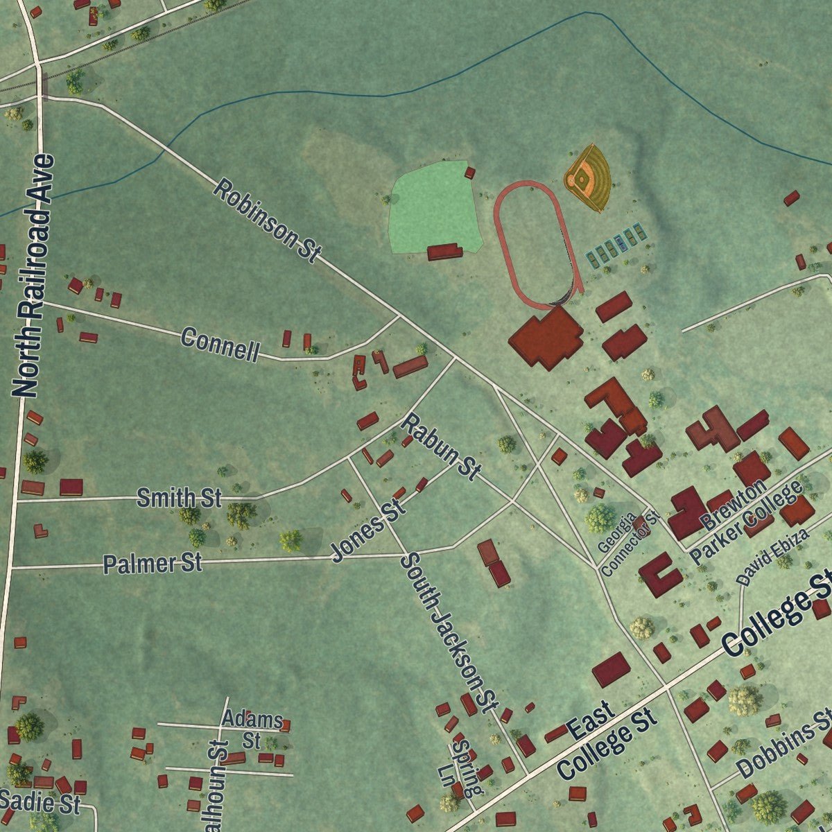 Second close-up of the map of Mount Vernon, Georgia print showing more streets and buildings