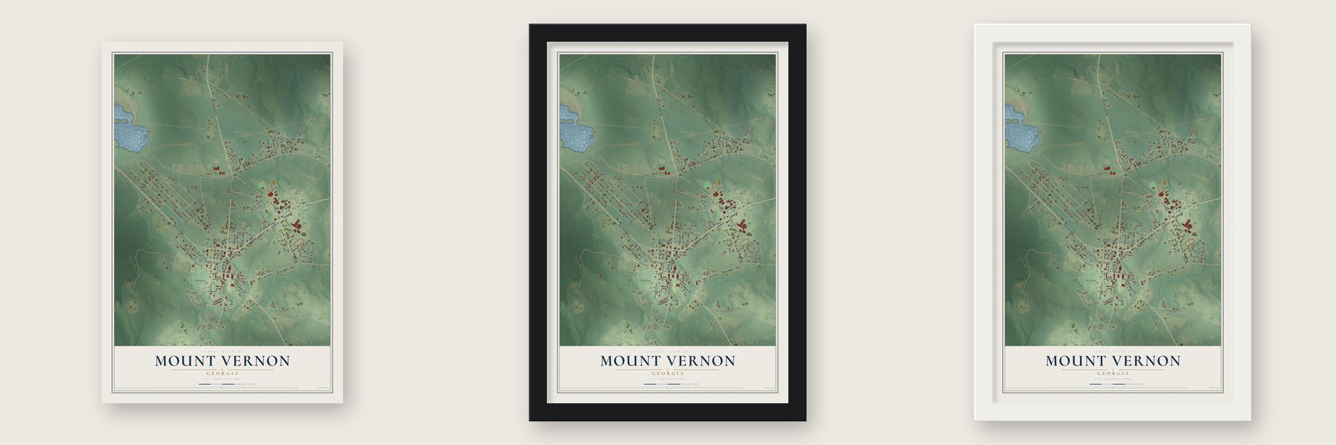 Mount Vernon, Georgia map unframed, in a black wood frame and in a white wood frame