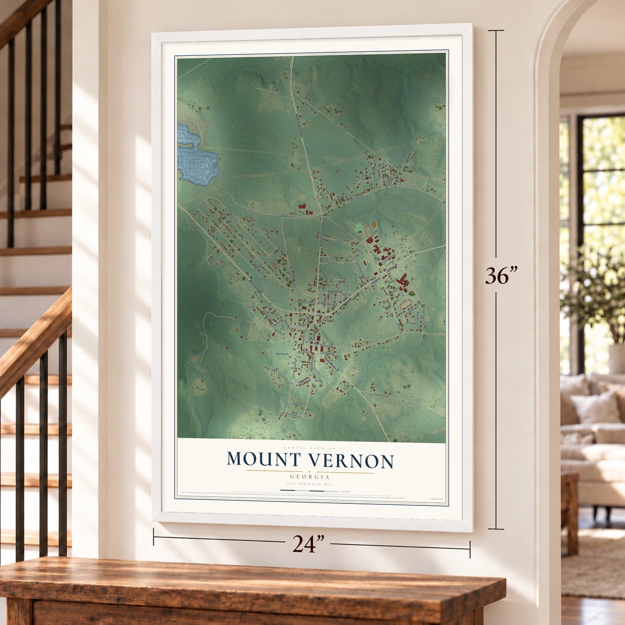 Mount Vernon, Georgia map, 24 x 36 inch print in a white frame by a staircase