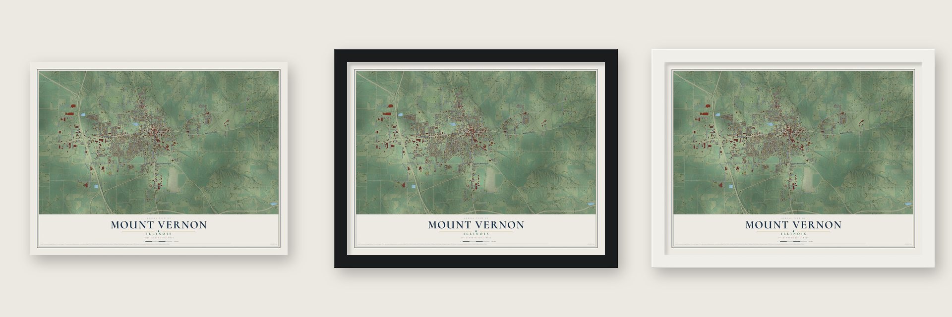 Mount Vernon, Illinois map unframed, in a black wood frame and in a white wood frame