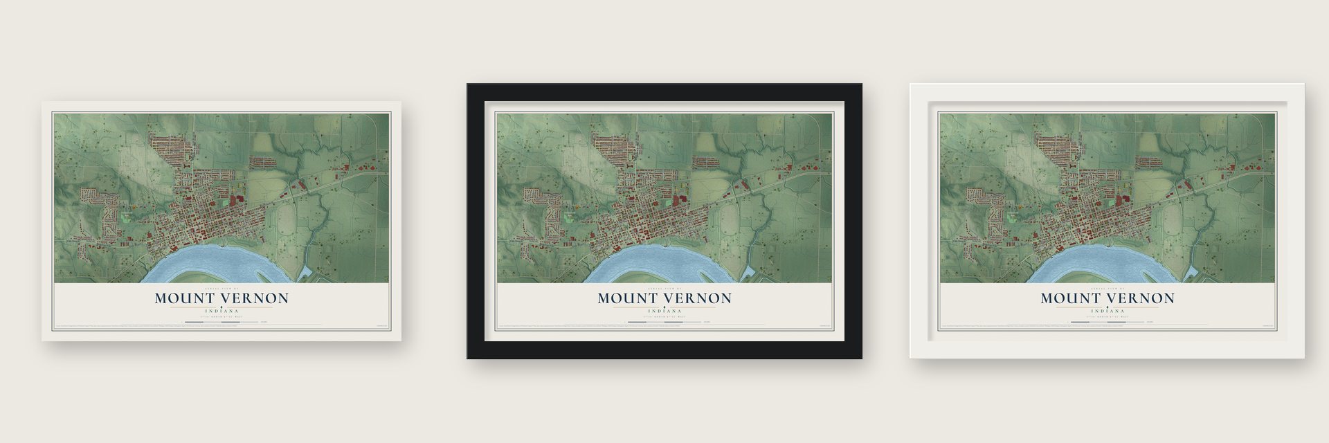 Mount Vernon, Indiana map unframed, in a black wood frame and in a white wood frame