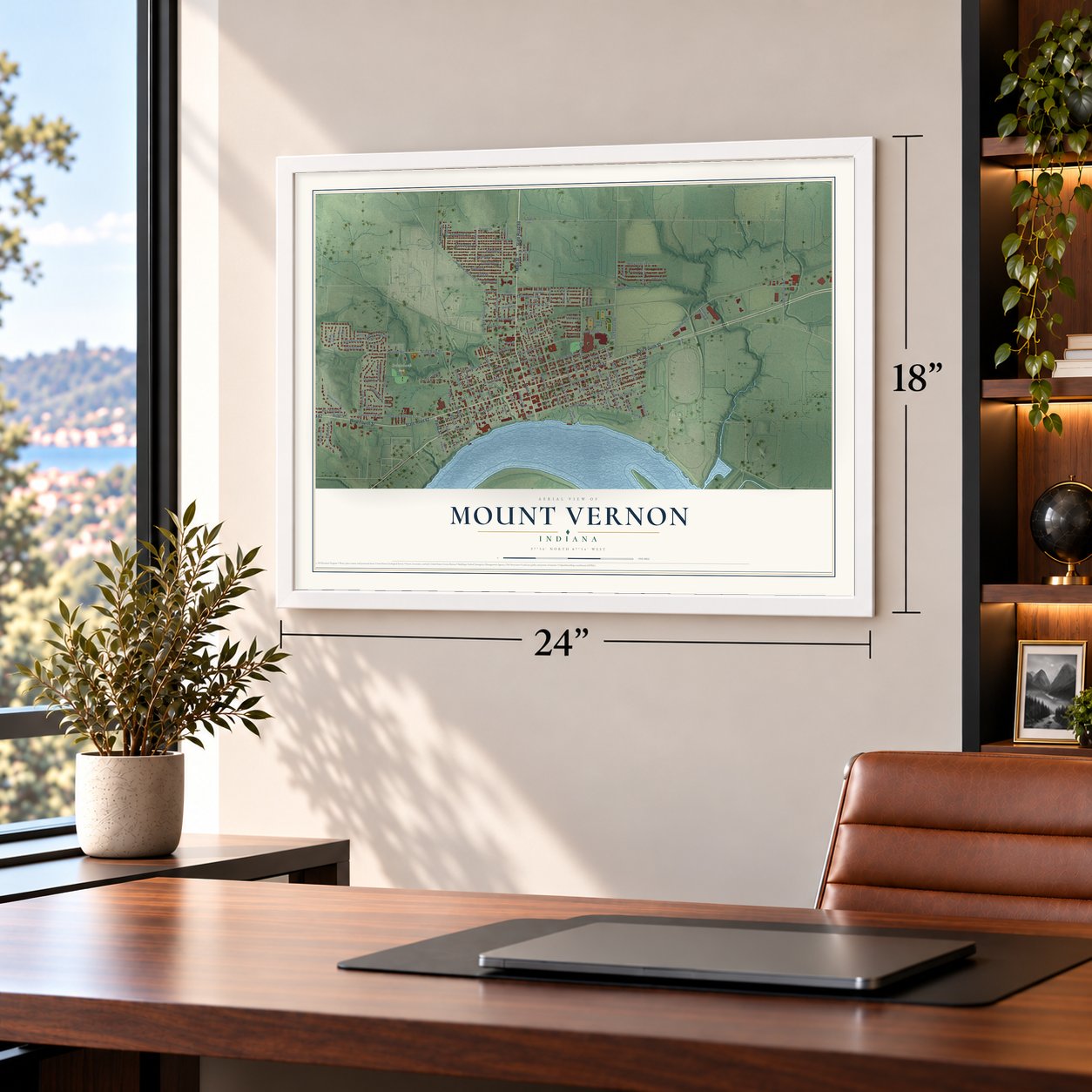 Mount Vernon, Indiana map, 18 x 24 inch print in a white frame in a home office