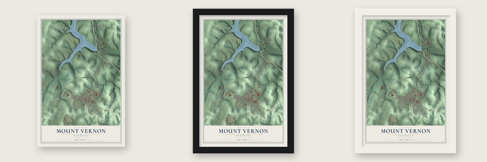 Mount Vernon, Kentucky map unframed, in a black wood frame and in a white wood frame