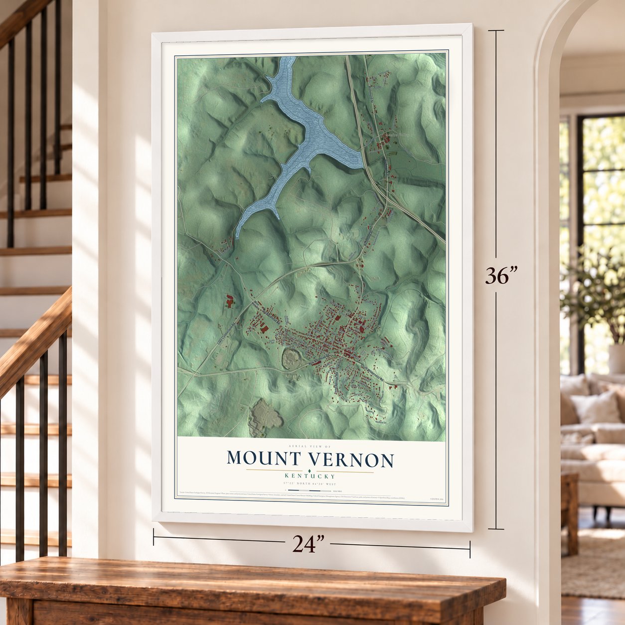 Mount Vernon, Kentucky map, 24 x 36 inch print in a white frame by a staircase