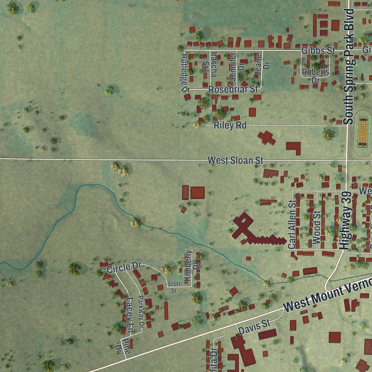 Second close-up of the map of Mount Vernon, Missouri print showing more streets and buildings