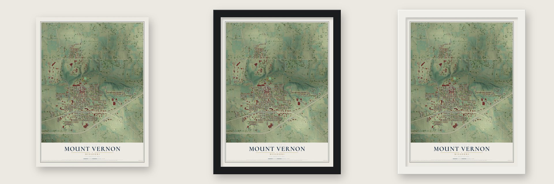 Mount Vernon, Missouri map unframed, in a black wood frame and in a white wood frame