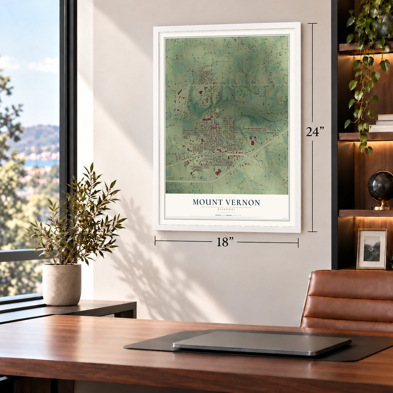 Mount Vernon, Missouri map, 18 x 24 inch print in a white frame in a home office