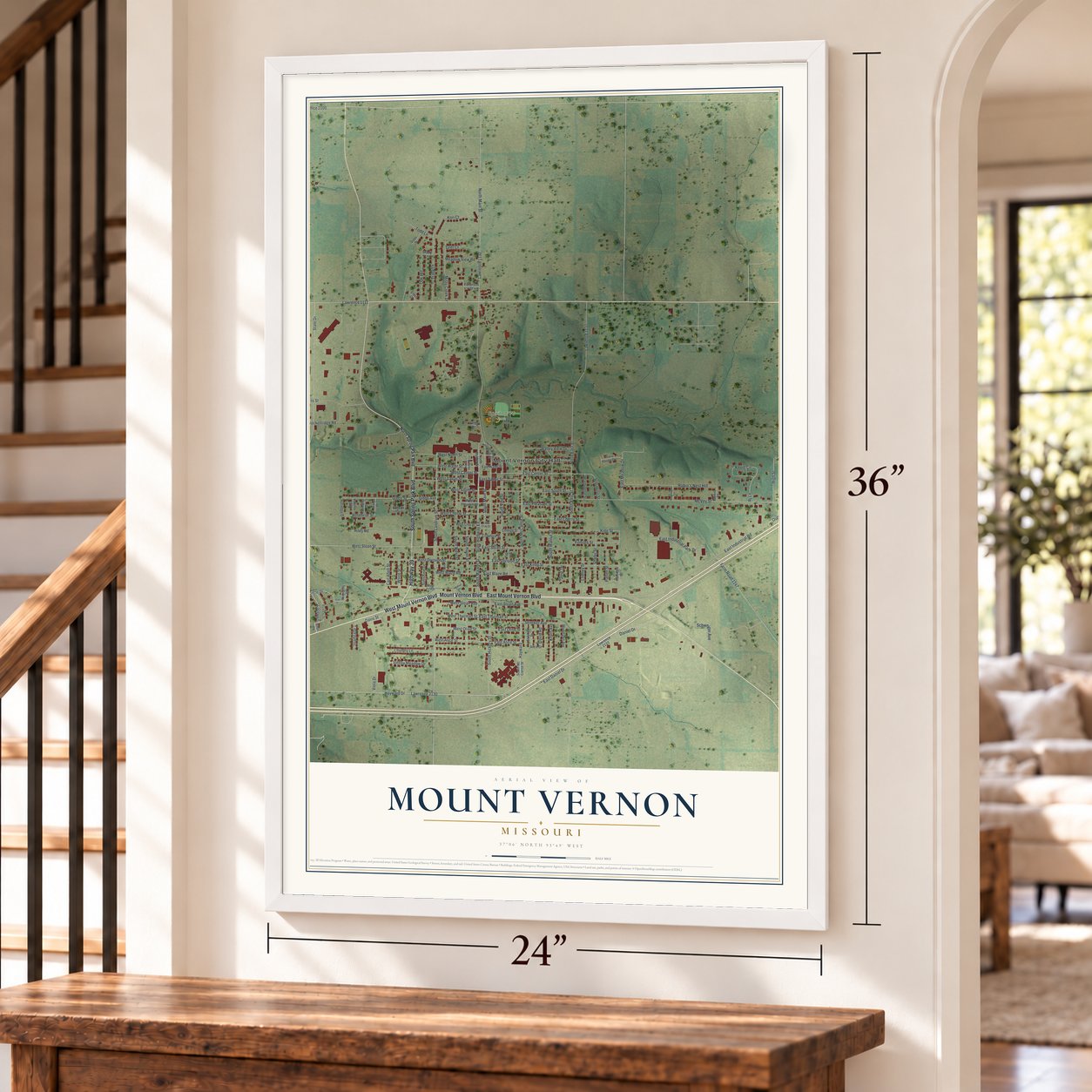 Mount Vernon, Missouri map, 24 x 36 inch print in a white frame by a staircase