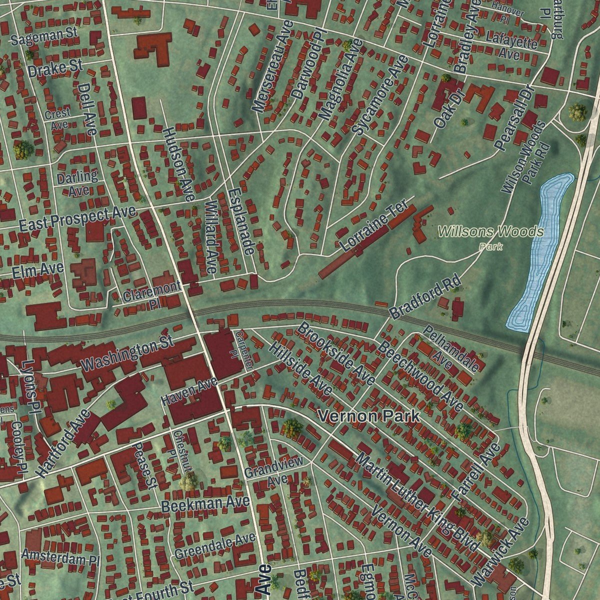 Second close-up of the map of Mount Vernon, New York print showing more streets and buildings