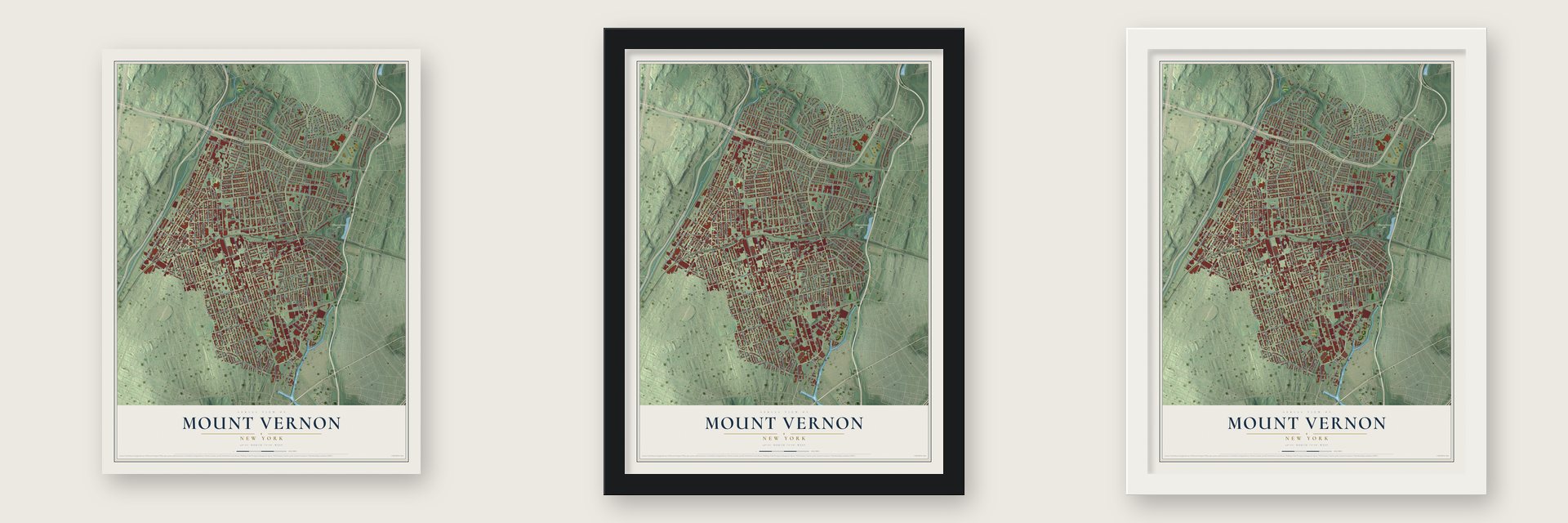Mount Vernon, New York map unframed, in a black wood frame and in a white wood frame