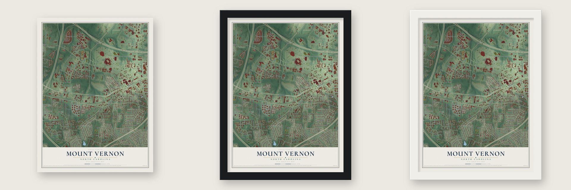 Mount Vernon, North Carolina map unframed, in a black wood frame and in a white wood frame