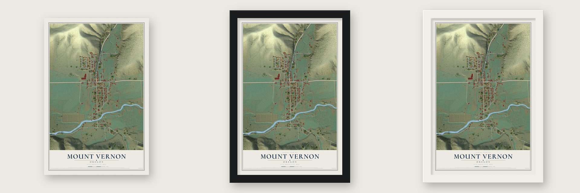Mount Vernon, Oregon map unframed, in a black wood frame and in a white wood frame