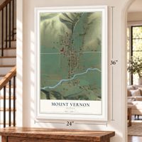 Mount Vernon, Oregon map, 24 x 36 inch print in a white frame by a staircase