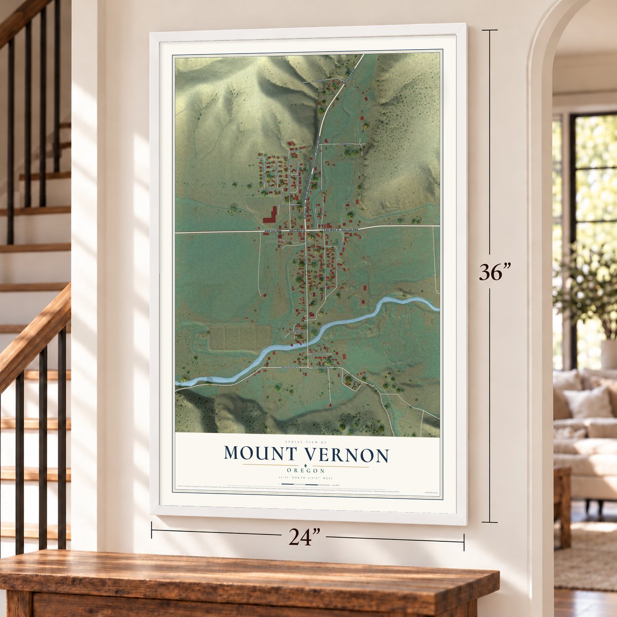 Mount Vernon, Oregon map, 24 x 36 inch print in a white frame by a staircase