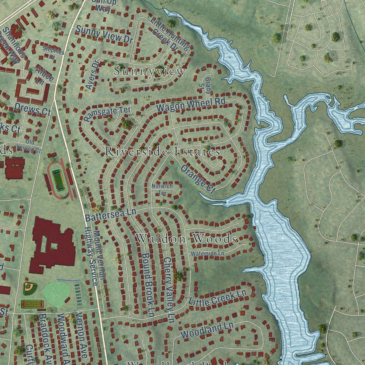 Second close-up of the map of Mount Vernon, Virginia print showing more streets and buildings