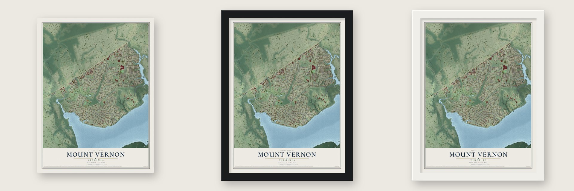 Mount Vernon, Virginia map unframed, in a black wood frame and in a white wood frame