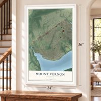 Mount Vernon, Virginia map, 24 x 36 inch print in a white frame by a staircase
