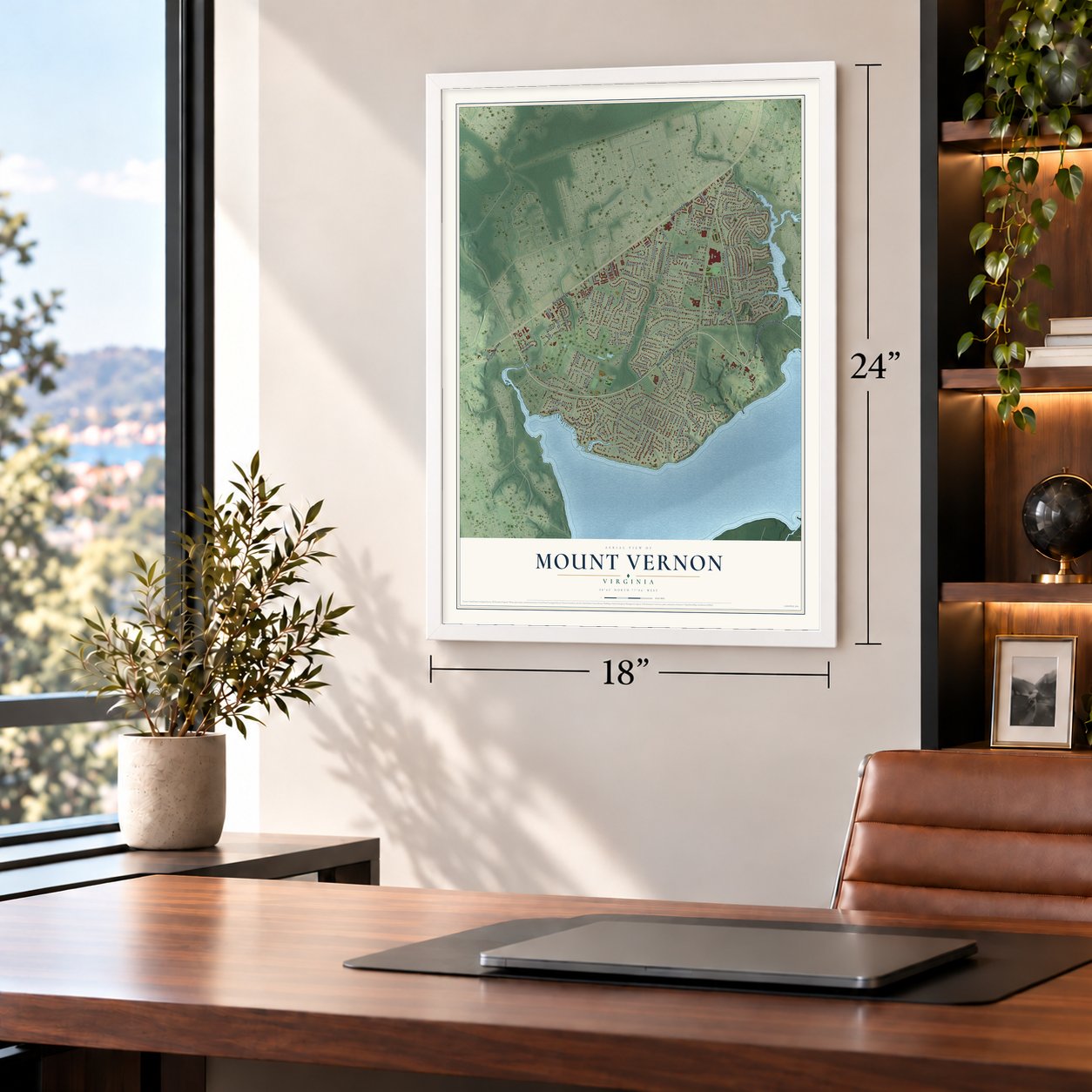 Mount Vernon, Virginia map, 18 x 24 inch print in a white frame in a home office