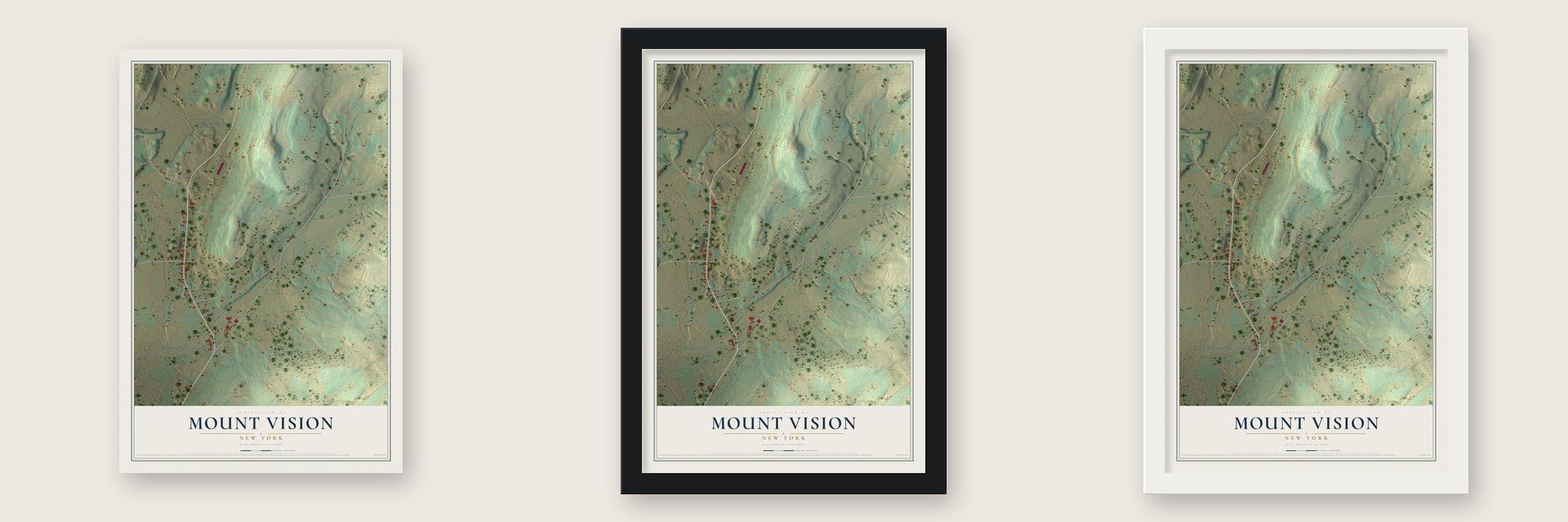 Mount Vision, New York map unframed, in a black wood frame and in a white wood frame